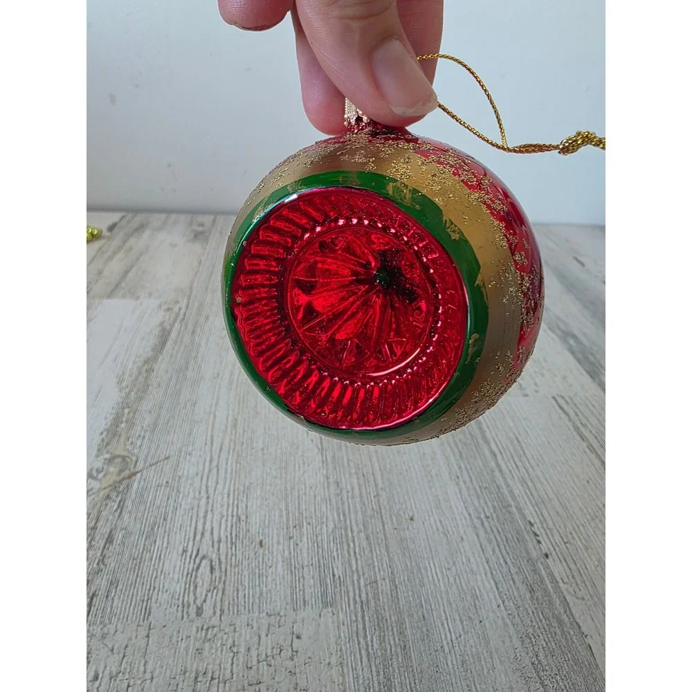 Vintage Kurt Adler red indent ball gold glitter ornament glass Xmas tree